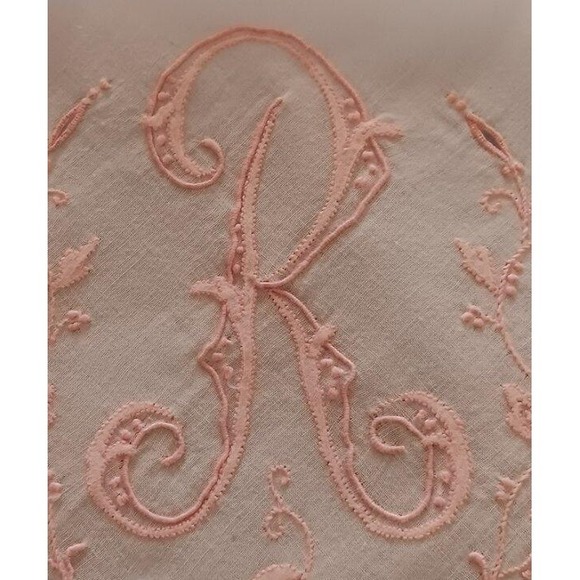 Madeira Vintage Wedding Hanky Monogram R Pink Applique Bow Cutwork - Picture 3 of 3